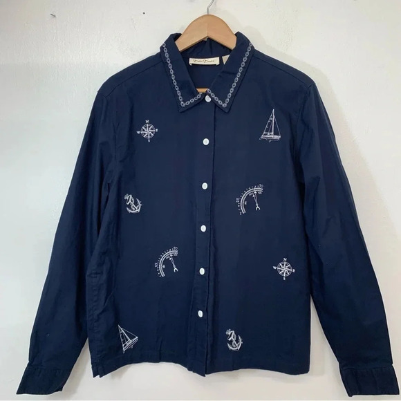 Bobbie Brooks Blouse Medium  Navy Blue Button Front Long Sleeve Nautical - Picture 1 of 8